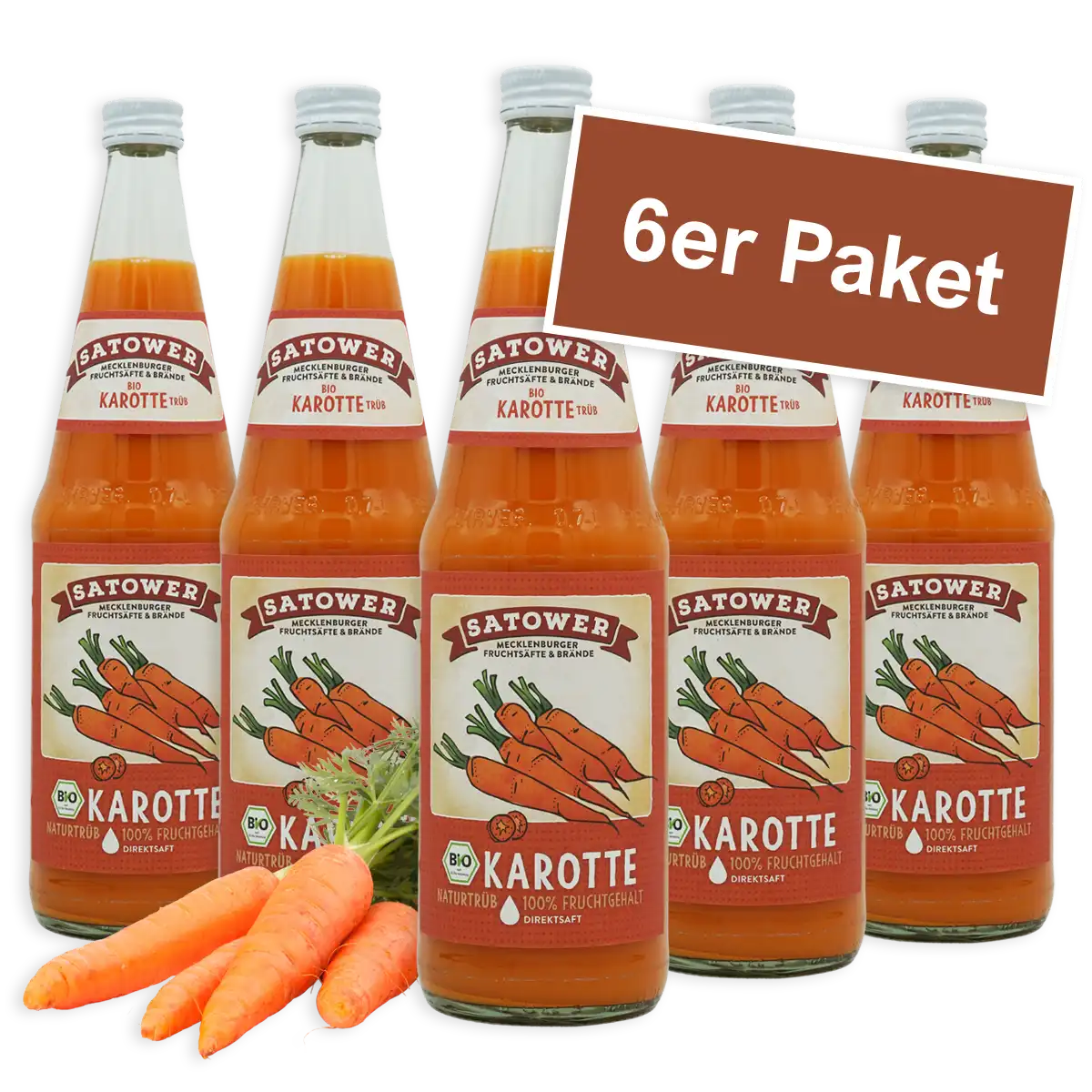 6er Paket Satower Bio-Karottensaft – 100 % naturtrüber Direktsaft aus Möhren in Glasflaschen