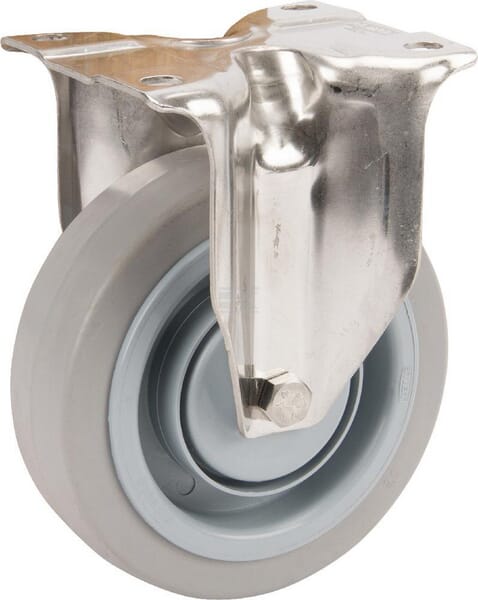 bockrolle aus Edelstahl mit elastischer, grauer Gummi-Lauffläche