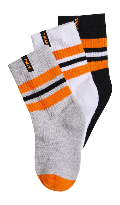STIHL Kindersocken Gr. 25-27 3er Set STRIPES Schwarz / Weiß/ Grau