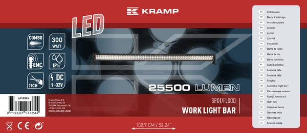 Lichtleiste LED, 300 W, 25500 lm, rechteckig, 12 / 24V, weiß, 1310 x 57 mm, Kabelendhülse, Combo, 100 LEDs, Kramp