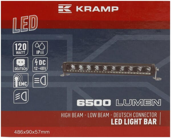 LED-Lichtbalken  LED, 120W, 6500lm, rechteckig, 12/48V, weiß, 486x90x57mm, Deutsch 3-pin, High beam/Low beam, Kramp