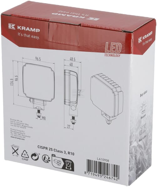 Arbeitsscheinwerfer LED, 27W, 3420lm, quadratisch, weiß, 96.5x48.5x124.5mm,Deutsch 2-pin, flood, Kramp