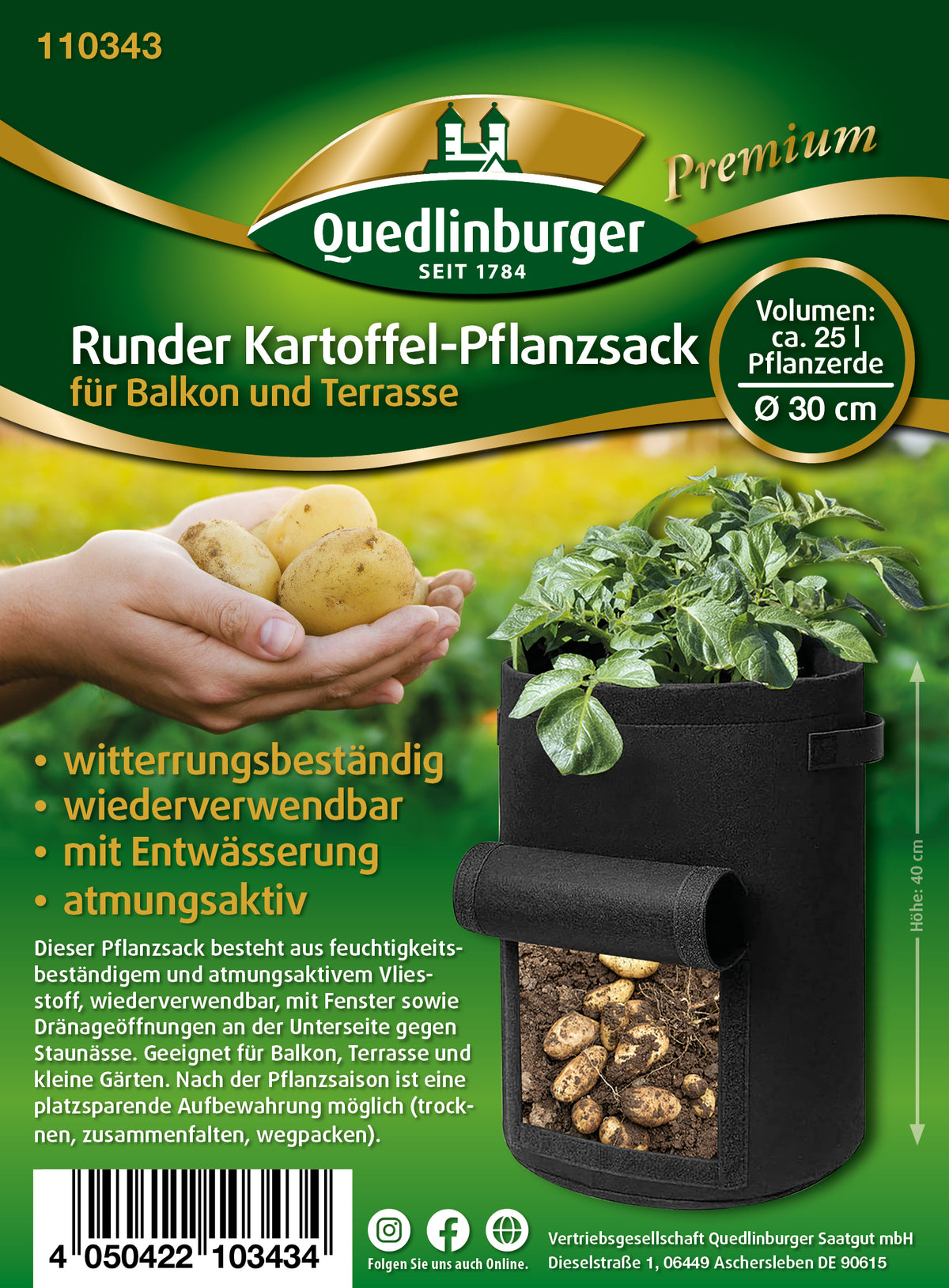 Quedlinburger Saatgut Kartoffelsack Pflanzsack (für Balkon und Terrasse)