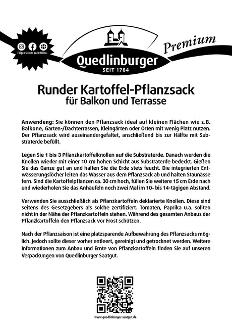 Quedlinburger Saatgut Kartoffelsack Pflanzsack (für Balkon und Terrasse)