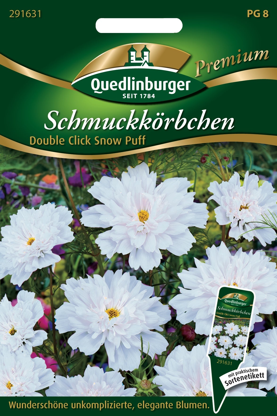 Quedlinburger Saatgut Schmuckkörbchen „Cosmea Double Click Snow Puff“