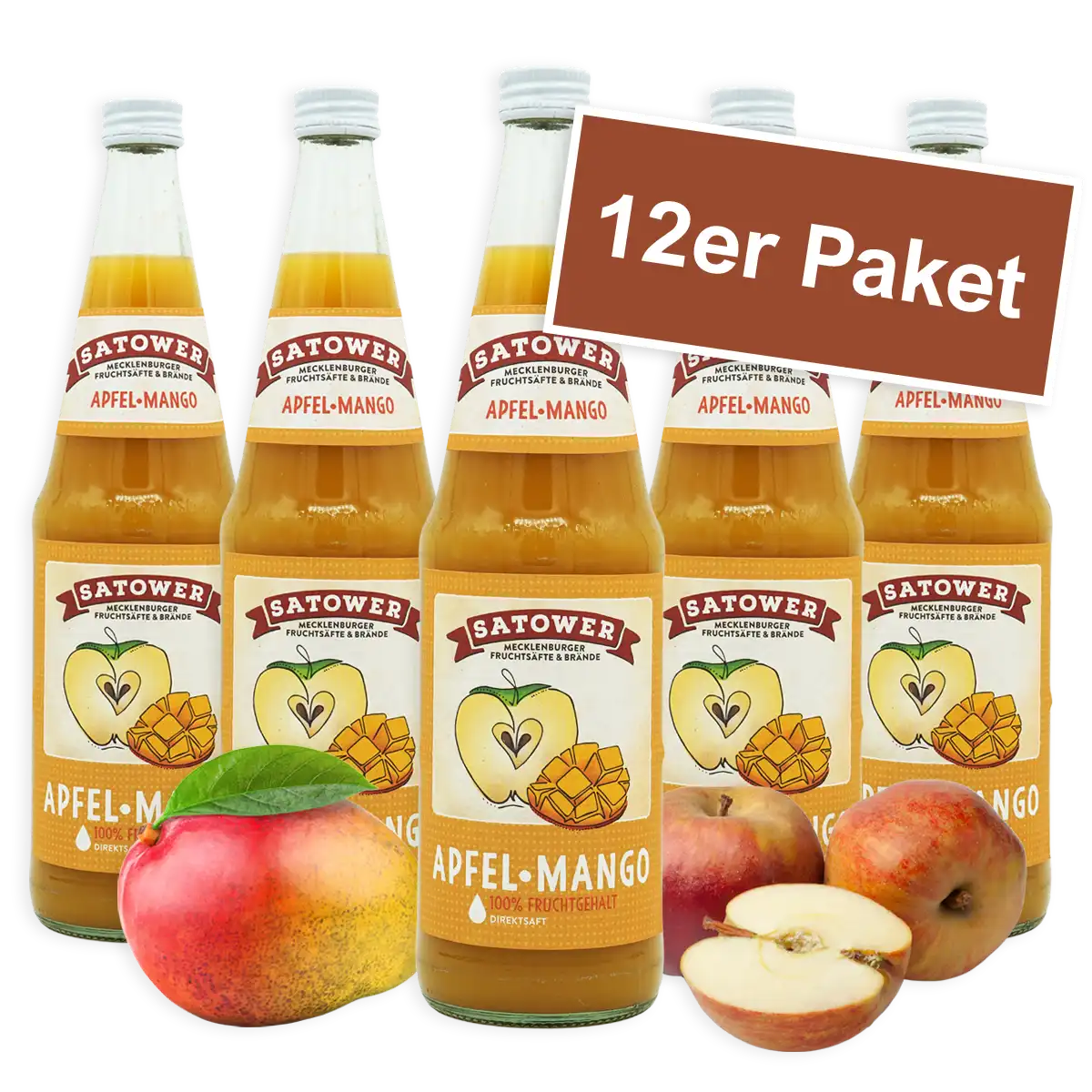 12er Paket Satower Apfel-Mango Saft – fruchtiger Direktsaft in Mehrweg-Glasflaschen