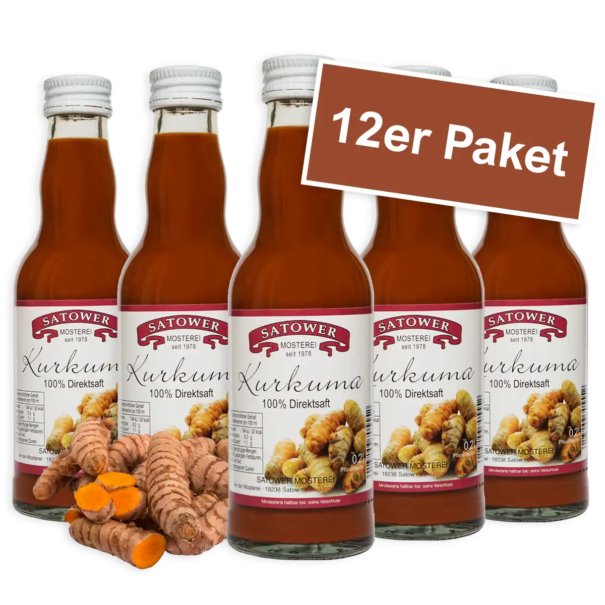 12er Paket Satower Kurkumasaft – 100 % Direktsaft in Mehrwegflaschen