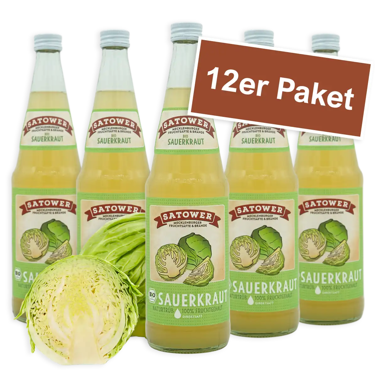 12er Paket Satower Sauerkrautsaft – Bio Direktsaft aus milchsauer vergorenem Weißkohl in Glasflaschen