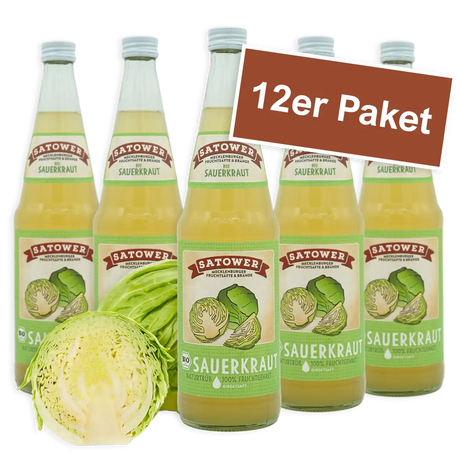 12er Paket Satower Sauerkrautsaft – Bio Direktsaft aus milchsauer vergorenem Weißkohl in Glasflaschen