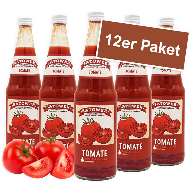 12er Paket Satower Tomatensaft – 100 % Direktsaft aus sonnengereiften Tomaten in Glasflaschen