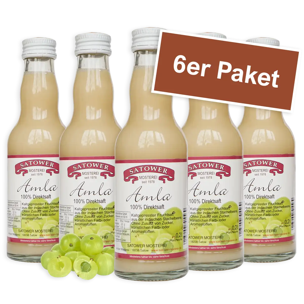 6er Paket Satower Amlasaft – 100 % Direktsaft aus Amla-Beeren in Mehrwegflaschen