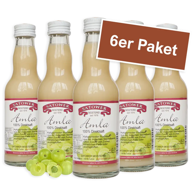 6er Paket Satower Amlasaft – 100 % Direktsaft aus Amla-Beeren in Mehrwegflaschen
