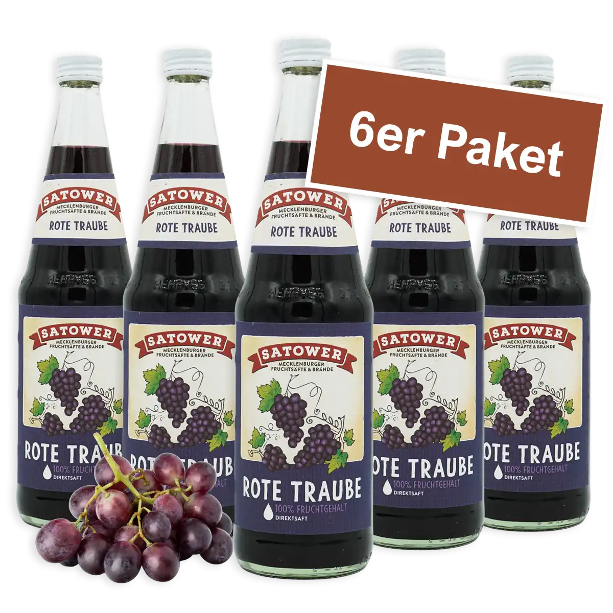 6er Paket Satower Roter Traubensaft – 100 % Direktsaft in Mehrweg-Glasflaschen