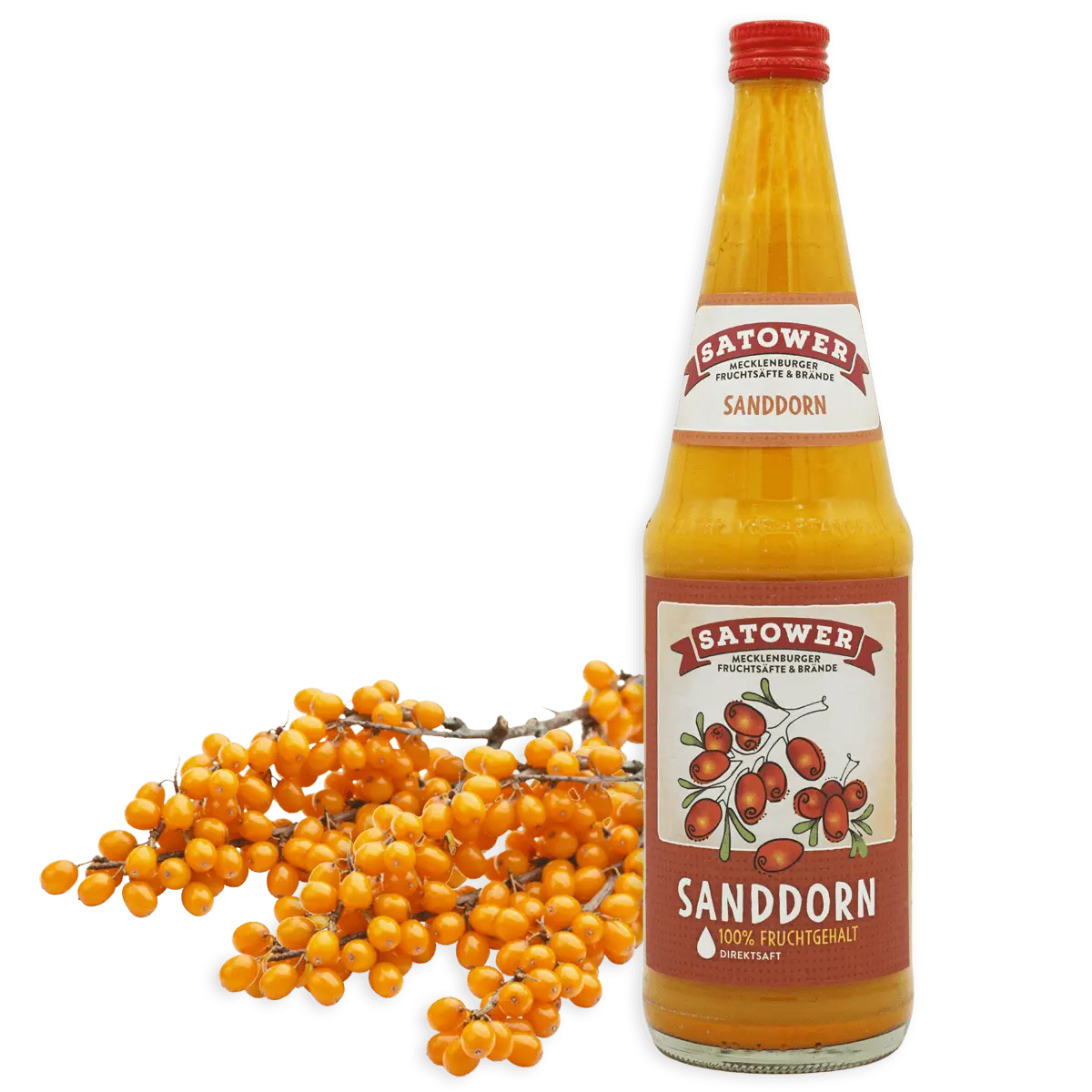 Satower Sanddornsaft 0,7 l Flasche mit Sanddornbeeren – 100 % Direktsaft aus Sanddorn