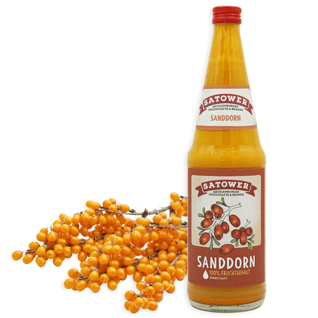 Satower Sanddornsaft 0,7 l Flasche mit Sanddornbeeren – 100 % Direktsaft aus Sanddorn