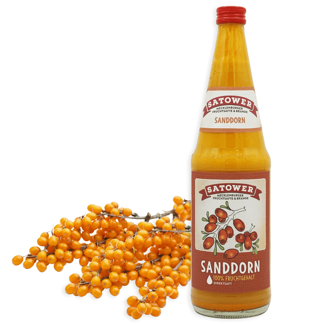 Satower Sanddornsaft 0,7 l Flasche mit Sanddornbeeren – 100 % Direktsaft aus Sanddorn