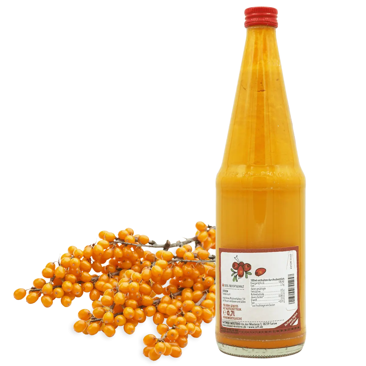 Satower Sanddornsaft 0,7 l Flasche mit Sanddornbeeren – 100% Direktsaft