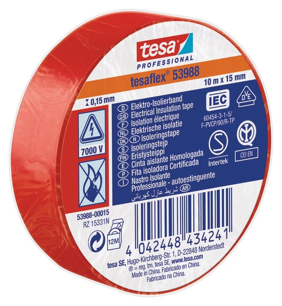 Isolierband, rot, 10 m x 15 mm TesaFLEX®